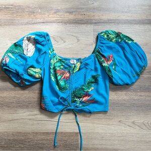 SO Blue Tropical Leaf Puff Sleeve Crop Top